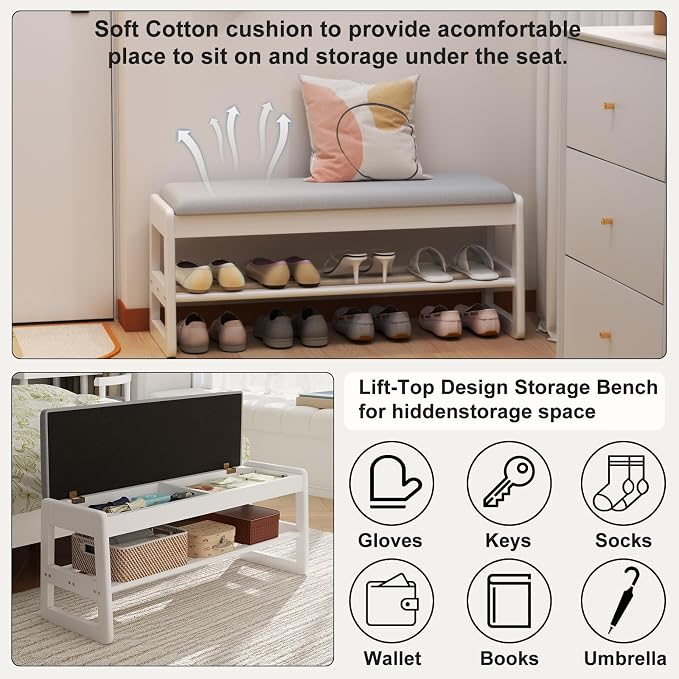 AQIMUELE Shoe Rack Bench,2 Tiers Shoe Bench with Storage with Flip-Top,Wood Shoe Rack for Entryway,Hallway（White Upholstered Seat,11.8" D x 39.3" W x 15.7" H）