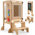 JUZBOT Toddler Tower- Foldable Wooden Kitchen Stool Helper with Safety Net, Anti-Tip Base, Detachable Step, Chalkboard & Whiteboard, 150lb Capacity, Montessori Gift for Kids 18M-5Y