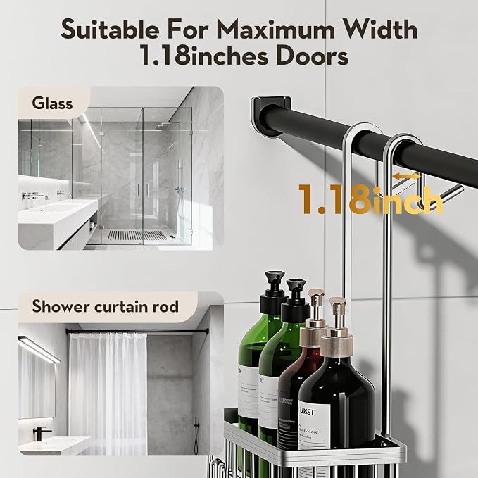 Over the Door Shower Caddy Hanging With Double Soap Holder Never Rust Aluminum Shower Shelf With 4 Hooks Hanging Bathroom Organizer No Drilling Shelves for Bathroom Storage Silver