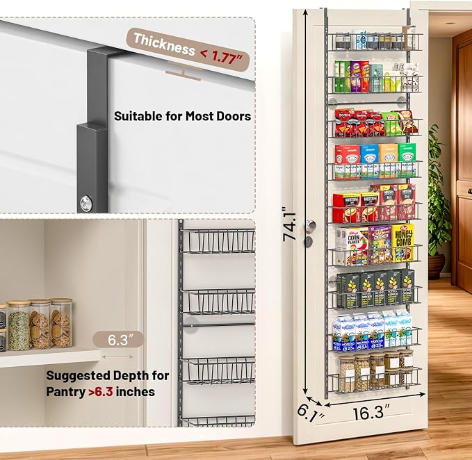 ElegantArray 9-Tier Pantry Door Oragnizer, Over The Door Pantry Organizer Rack and Storage, Hanging Spice Rack Shelves Door, Home Office Laundry Room Bathroom & Kitchen Organization, Deep Gray