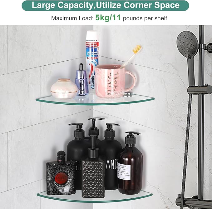 Glass Corner Shower Shelves, Tempered Floating Glass Shelves Wall Mount, Shower Caddy Organizer, Bathroom Corner Shelf with Zinc Alloy Brackets for Bathroom, Kitchen, Living Room, 9.8" x 9.8", 2 Pack