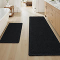 Upgraded Waffle Bath Mat Set of 2 Super Absorbent Non Slip Bath Mats for Bathroom Floor, Washable Boho Bathroom Rugs Set 2 Pieces with Tassels, Soft Bathroom Mat Set, Black, 18" x 30" Plus 24" x 48"