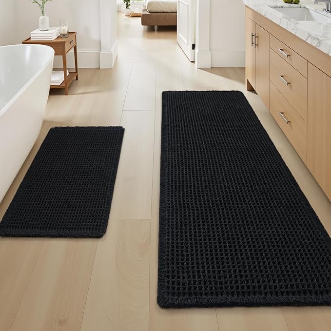 Upgraded Waffle Bath Mat Set of 2 Super Absorbent Non Slip Bath Mats for Bathroom Floor, Washable Boho Bathroom Rugs Set 2 Pieces with Tassels, Soft Bathroom Mat Set, Black, 18" x 30" Plus 24" x 48"