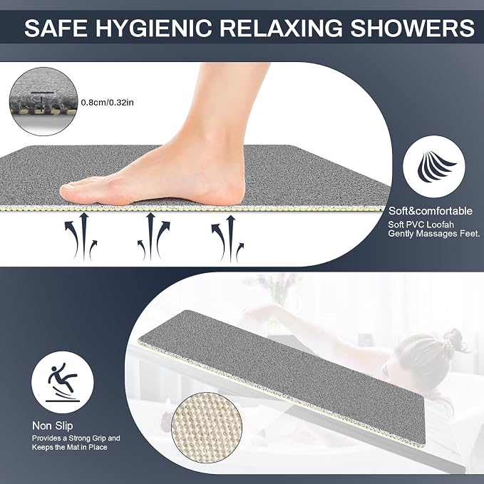 BLESWIN PVC Loofah Shower Mat 32"x16", Soft Textured Non Slip Bath Mats for Inside Shower, Shower Mats with Drain, Washable, Quick Drying Bath Mats for Bathroom Wet Areas, Grey