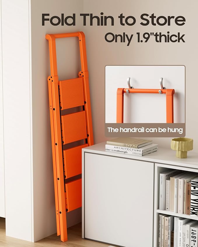 HillhutApex 4 Step Foldable Aluminum Step Ladder with Handgrip, Anti-Slip Pedal, 330 lbs Capacity, Lightweight & Portable for Home, Kitchen, Office, Garage (Orange)