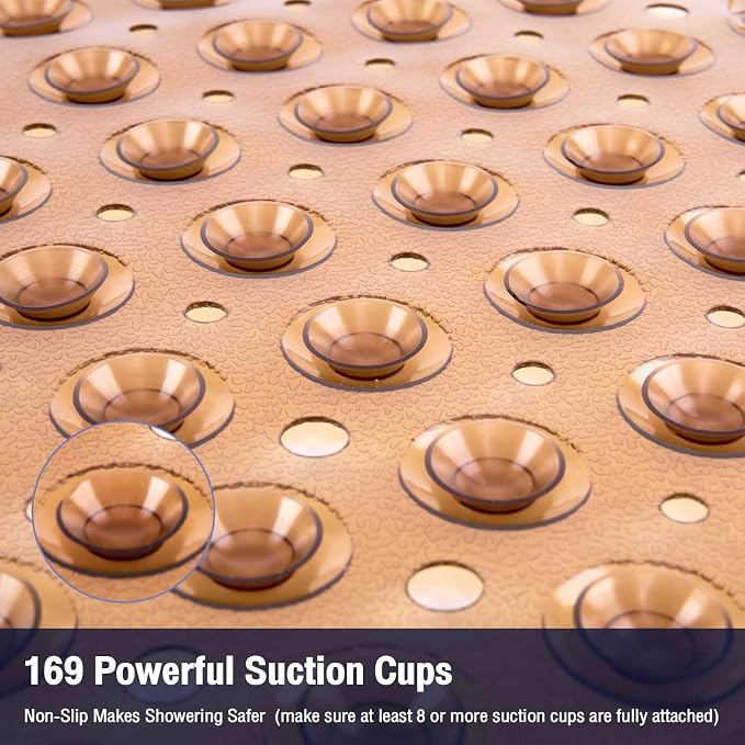 Square Shower Bathtub Mat Non Slip for Inside Shower Clear Brown 21x21 Inch, Shower Stall Mats for Bathroom Floor, Soft Bath Mat for Tub with Big Suction Cups Drain Holes, Easy Washable Dry