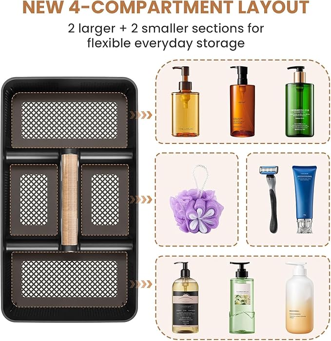 BYUNER Plastic Shower Caddy Dorm: Portable Hard Shower Basket with Handle, 4 Divided Compartments, All-Side Drainage, Bathroom & Cleaning Caddy for College Dorm Room Essentials, Black/wood grain