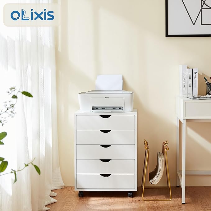 OLIXIS 5 Drawer Mobile File Cabinet Under Desk Storage Organization with Wheels Vertical Filing Chest Rolling Wood Small Desk Printer Stand for Home Office, 15.75"D x 18.74"W x 25.39"H, White