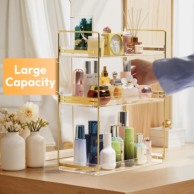 Bathroom Countertop Organizer, 3 Tier Acrylic Tray Vanity Counter Skincare Organizer Shelf, Kitchen Under Sink Standing Rack, Home Storage Holder for Lotion Makeup Cosmetics Perfume Spice, Gold | Vanity Counter