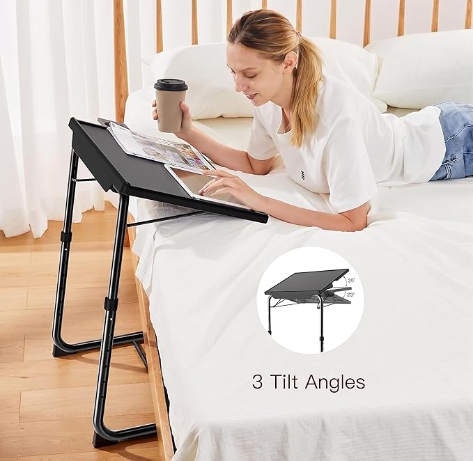 HUANUO Adjustable TV Tray - Foldable TV Tray Table with 6 Height & 3 Tilt Angle Adjustments, TV Dinner Tray with Cup Holder for Couch, Bed, Sofa and Chair (Black)