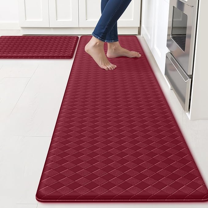 TranquilRelax 2-Piece Anti-Fatigue Kitchen Mats, Cushioned Non-Slip Waterproof Sink & Stove Floor Mats, Comfortable Standing Rug Set for Kitchen, Laundry & Entryway, Red