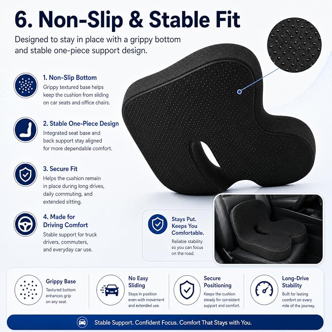 Orthopedic Cushion for Car, Extra Wide Thick Seat Cushion for Long Haul Driving with High Density Support and U-Shaped Tailbone Relief for Truck Drivers and Commuters (Black)