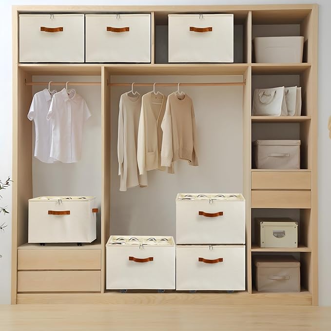 Foyego Shoe Organizer for Closet, Shoe Storage Organizer with Wheels and Adjustable Dividers, Stackable Shoe Storage Box with Clear Cover, Foldable Closet Shoe Organizer Fits up to 16-32 Pairs, Beige