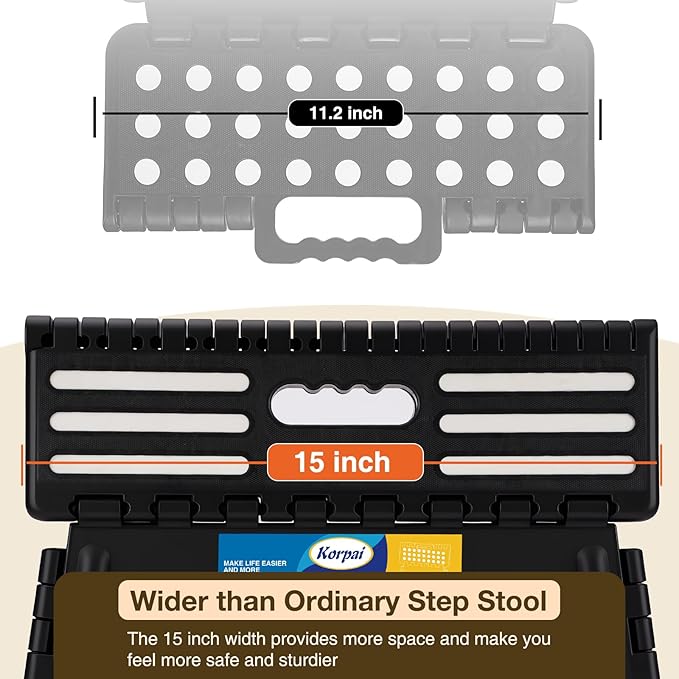 Korpai 9" Folding Step Stool for Adults and Kids 15-Inch Extra Wide Stool Holds Up to 300 lbs,Non-Slip Folding Stools with Handle,Compact Plastic Foldable Step Stool for Bathroom,Kitchen,ect, Black