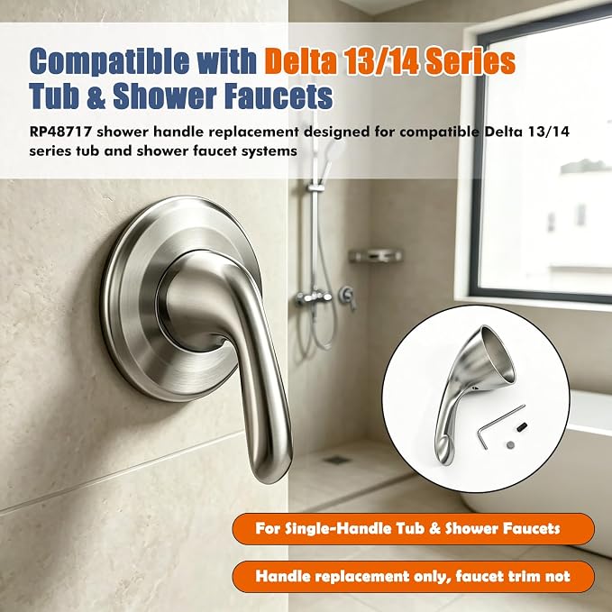 RP48717 Shower Handle Replacement, Compatible with Delta 13/14 Series Tub and Shower Faucet, Single Handle Tub Shower Faucet Handle, Brushed Nickel Finish