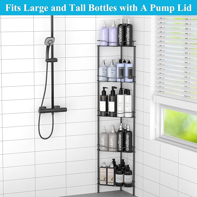HuggieGems 5 Tier Floor Standing Corner Shower Caddy Organizer Shelf with Hooks, Bathroom Shelves Stand Rack, Matt Black