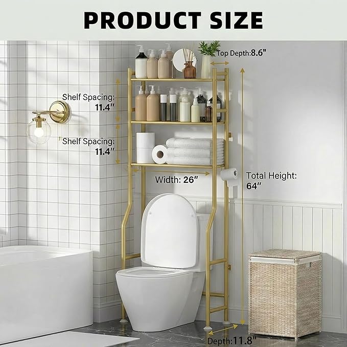 GloTika 3-Tier Over Toilet Storage with Anti-Tilt Safety System - 150lb Total Capacity Metal Bathroom Shelves Including Paper Holder & 4 Hooks, Space Saving Above Commode Organizer (64" H, Gold)