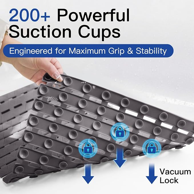 Non Slip Bathtub Mat - Shower Mats for Inside Shower, Rectangular PVC Tub Mat with 200+ Suction Cups for Safety, 40x16 Inch, Dark Gray