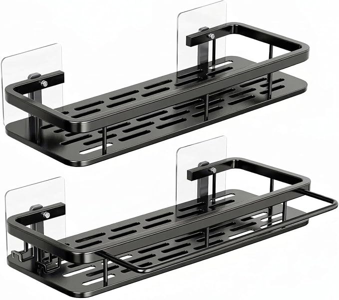 EVALAND Shower Caddy Adhesive 2-Pack with Hooks and Rod for Towels, Black – Premium Bathroom Shower Shelves, Shampoo Organizer, Bathtub Shelf, Rustproof, Easy Installation, Sturdy Modern Look