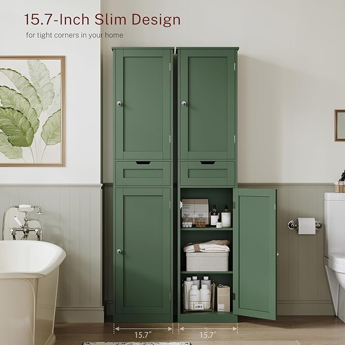 TEENFON Tall Bathroom Cabinet with 2 Doors & 1 Drawer, Narrow Bathroom Storage Cabinet with Adjustable Shelves, for Living Room, Entryway, Kitchen, Forest Green