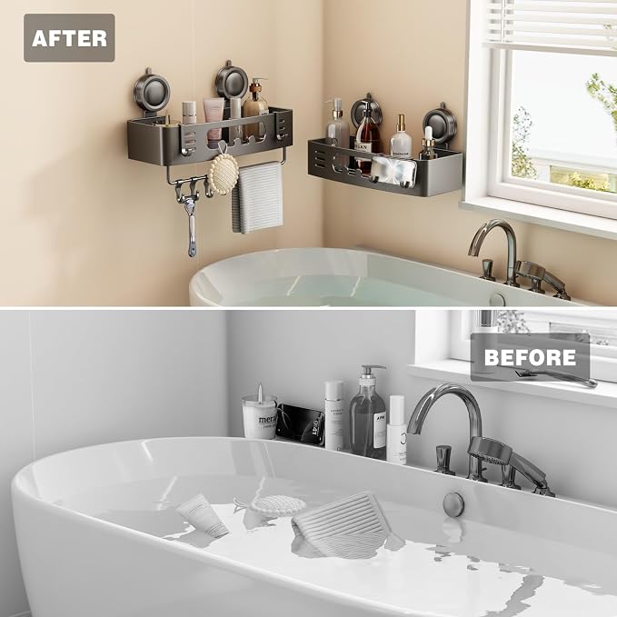 Voldra Shower Caddy Suction Cup, Shower Shelves for Inside Shower No Drilling, Aluminum Suction Showers Organizer for Wall with Towel Bar & Hooks Removable Bathroom Storage Rack(2 Pack-Gray)