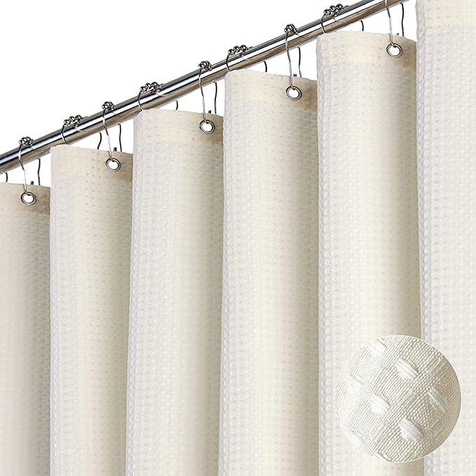 Dynamene Extra Long Fabric Shower Curtain， Waffle Weave 84 Inches Long Heavy Duty Cloth Shower Curtains for Bathroom, 256GSM Hotel Luxury Bath Curtain Set with 12 Plastic Hooks(72Wx84H, Cream/Ivory)
