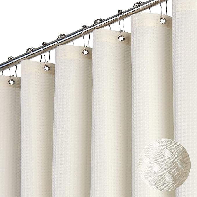 Dynamene Long Fabric Shower Curtain - Waffle Textured Tall Heavy Duty Cloth Shower Curtains for Bathroom, 256GSM Large Hotel Spa Luxury Bath Curtain Set with 12 Plastic Hooks(72Wx80H, Cream/Ivory)