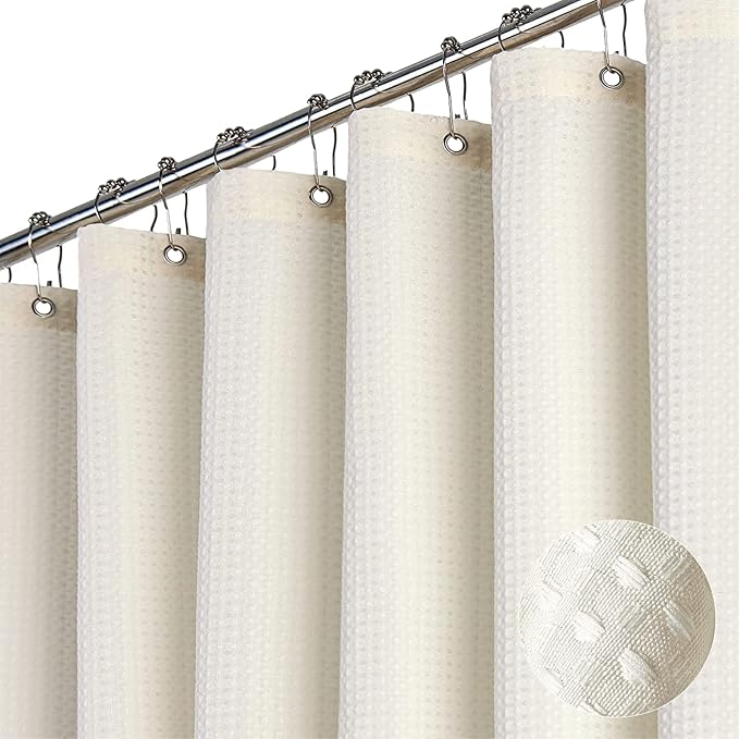 Dynamene Extra Long Shower Curtains - Waffle Fabric 90 Inches Long Heavy Duty Cloth Shower Curtains for Bathroom, 256GSM Tall Hotel Luxury Shower Curtain Set with 12 Plastic Hook, 72x90, Cream/Ivory