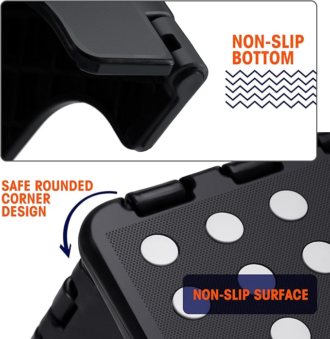 Korpai 11" Folding Step Stool for Adults and Kids Holds Up to 300 lbs,Non-Slip Folding Stools with Portable Handle, Compact Plastic Foldable Step Stool for Bathroom,Bedroom, Kitchen Black, 1PC