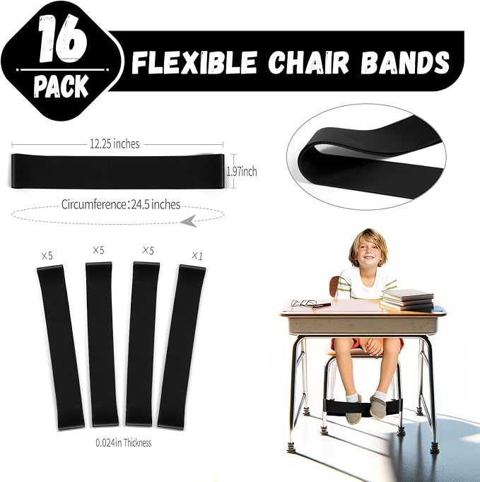 16 Pack Chair Bands for Kids with Fidgety Feet, ADHD Tools for Kids, Improve Focus & Reduce Restlessness, Chair Bands for Sensory ADHD ADD Autism - Classroom & Home Must Haves (Black)