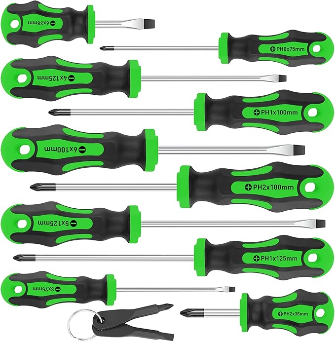 Amartisan 10-Piece Magnetic Screwdrivers Set, 5 Phillips and 5 Slotted Tips Professional Cushion Grip Screwdriver Set 2pcs Portable Multifunction Key Mini Screwdriver (Green)