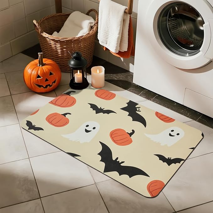 TYUU Halloween Bath Mat, Thin Bathroom Rug Non Slip Quick Dry Pumpkin Bath Mat Fits Under Door Thin Floor Mat Halloween Decor, 24''x36'', Pumpkins Bats and Ghost
