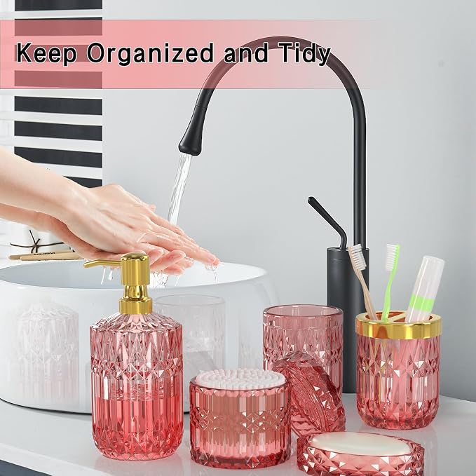 New Pink Glass Bathroom Accessories Set 5 Pcs, Pink Bathroom Set, Soap Dispenser and Toothbrush Holder Set, Qtip Holder Set, Vintage Bathroom Sink Set, Cute Bathroom Decor