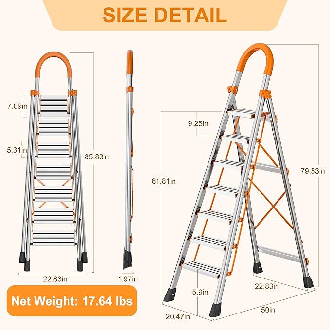 7 Step Folding Ladder, Portable Sturdy Steel Ladder, Heavy-Duty Step Stool with Anti-Slip Pedal and Handrails for Home & Kitchen Use