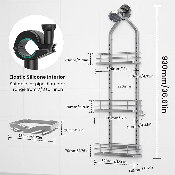 Shower Caddy Hanging (Silver), Adjustable Anti-Swing-Over The Shower Head Caddy, 3 Tier Height Bathroom Storage Organizer, Bathroom Shelves Basket Rack, Shower Caddies Rack with Adjustable Soap Basket