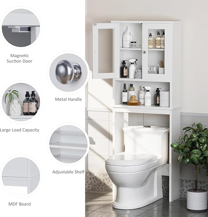 Over The Toilet Storage Cabinet for Bathroom, Storage Organizer Over Toilet, Space Saver with Tempered Glass Doors, White