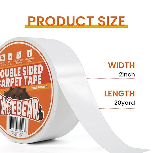 TAPEBEAR Double Sided Carpet Tape 2Inch x 20Yards, Heavy Duty Rug Tape Residue-Free Carpet Gripper for Area Rugs, Wood, Floor, Multipurpose Gripper Non Slip Tape, White