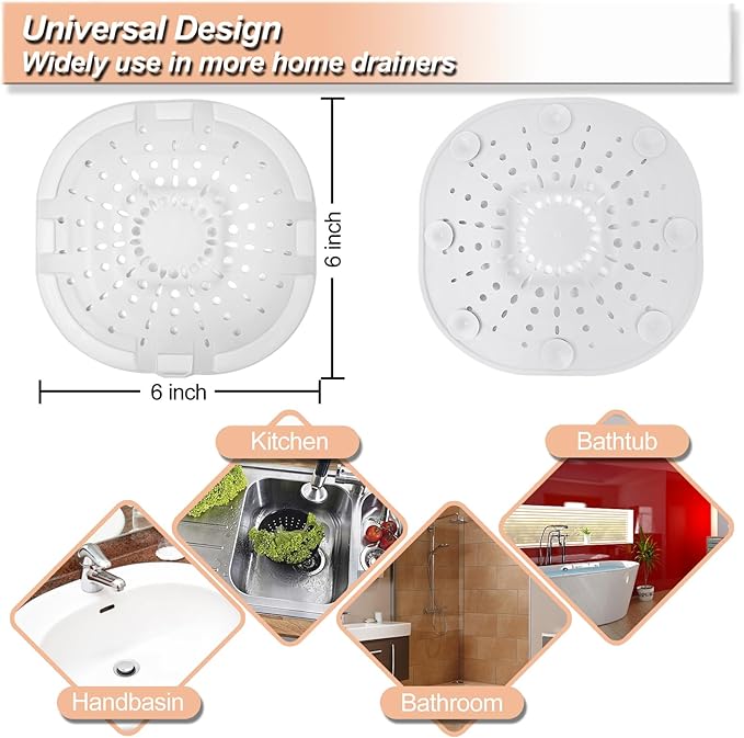 Hair Drain Catcher,Square Drain Cover for Shower Strong Adhesion Silicone Hair Stopper with Suction Cup,Easy to Install Suit for Bathroom,Bathtub,Kitchen 2 Pack (Cream White)