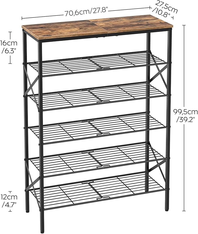 YATINEY 6-Tier Shoe Rack, Shoe Storage Organizer for Closet, Free Standing Shoe Organizer with Metal Mesh Shelves, 24 Pairs of Shoes, Rustic Brown and Black SS06BR