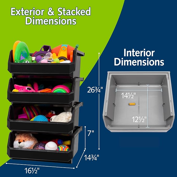 ReadySpace Extra Large Plastic Storage Bins, Stackable Organizer Containers for Closet Pantry Shelf Garage and Office Organization, Black, 4 Pack