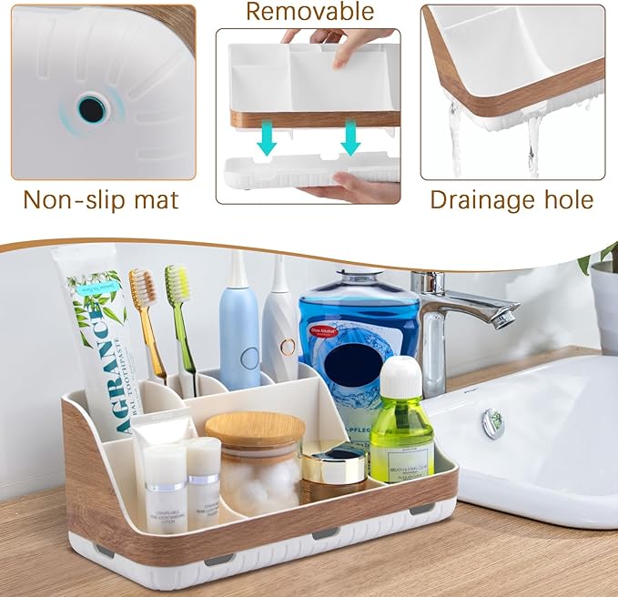 GFWARE Bathroom Countertop Organizer - Detachable 7 Slots Kids Electric Toothbrush and Toothpaste Holde Drainage for Bathroom Accessories Organization Counter Vanity Storage, Woodgrain