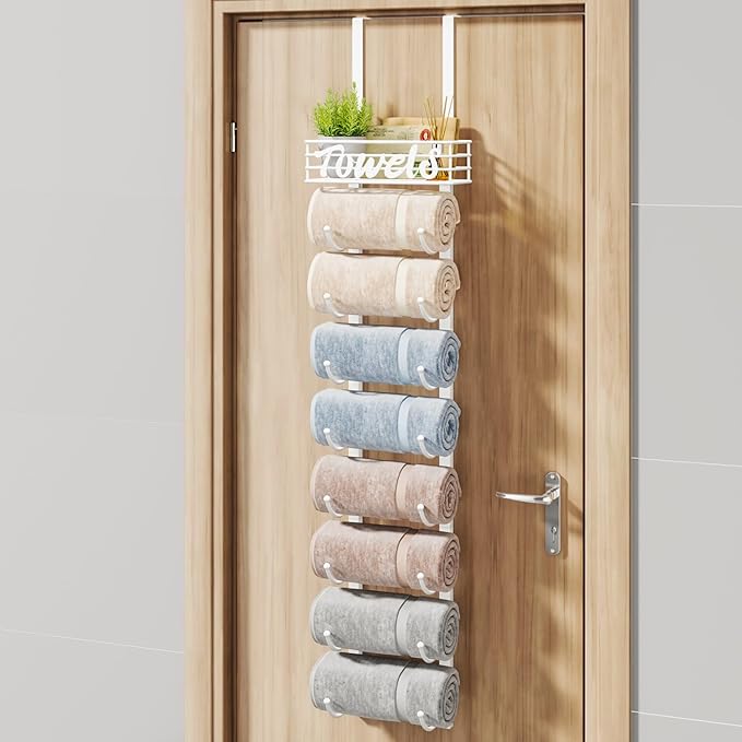 HapiRm Towel Racks for Bathroom Storage - 9 Tier Over The Door & Wall Mount Rolled Towel Storage Organizer Holder with Metal Shelf Basket for Small Bathroom, Camper, Rv - White, Patented
