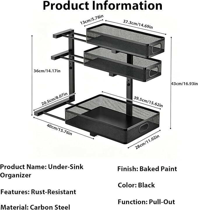 2 Pack Under Sink Organizer, 3-Tier Pull Out Kitchen Cabinet Organizer, Height Adjustable Metal Slide Out Bathroom Storage Makeup Drawer Rack for Bedroom Office Laundry Pantry Home Organization, Black