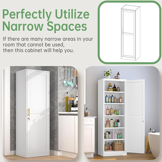 Ckzbx Metal Locker Tall Narrow Storage Cabinet, 67" H Locking Tool File Cabinets Snack Locker Organizer for School Classroom,Bedroom,Gym Home Office,Entryway and Hallway (20" W 1Door White)