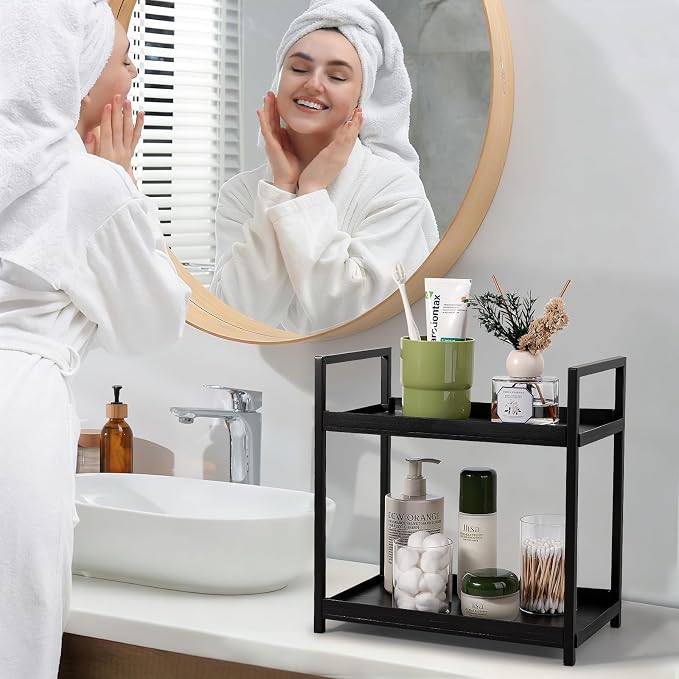 Anyoifax Bathroom Counter Organizer 2 Tier Vanity Storage Countertop Shelf Makeup Organizer Perfume Tray Skincare Holder for Sink, Dresser, Kitchen, Small Black