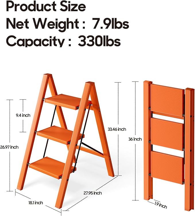 HillhutApex 3 Step Ladder, Lightweight Portable 3 Step Stool with Anti-Slip Wide Pedal, 330lbs Capacity Aluminum Ladder for Household,Office,Kitchen(Orange)