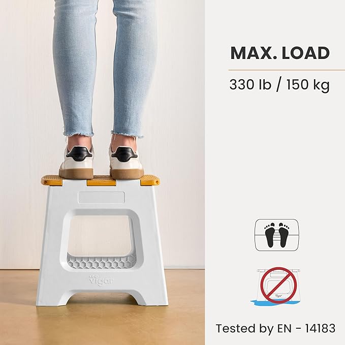 Vigar Compact Folding Step Stool - 12-1/2 Inch Foldable Step Stool for Adults, Lightweight Portable Stool with Handle, Non Slip Step Stool, Space-Saving Stool up to 330 lb - Grey, Bamboo Print Top