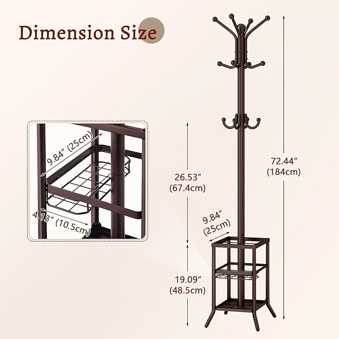 FAVOOSTY Coat Rack Freestanding,Coat Rack Stand with Umbrella Holder,Metal Coat Tree with 12 Hooks,Tree Clothes Hat for Entryway, Hallway, Bedroom, Living Room & Office -Brown