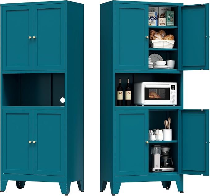 Bevivog Tall Pantry Cabinet with Microwave Shelf, 69" Metal Storage Cabinet with 4 Doors and Adjustable Shelves,Freestanding Metal Kitchen Hutch Cabinet, Blue Pantry Closet Storage Shelves with Doors