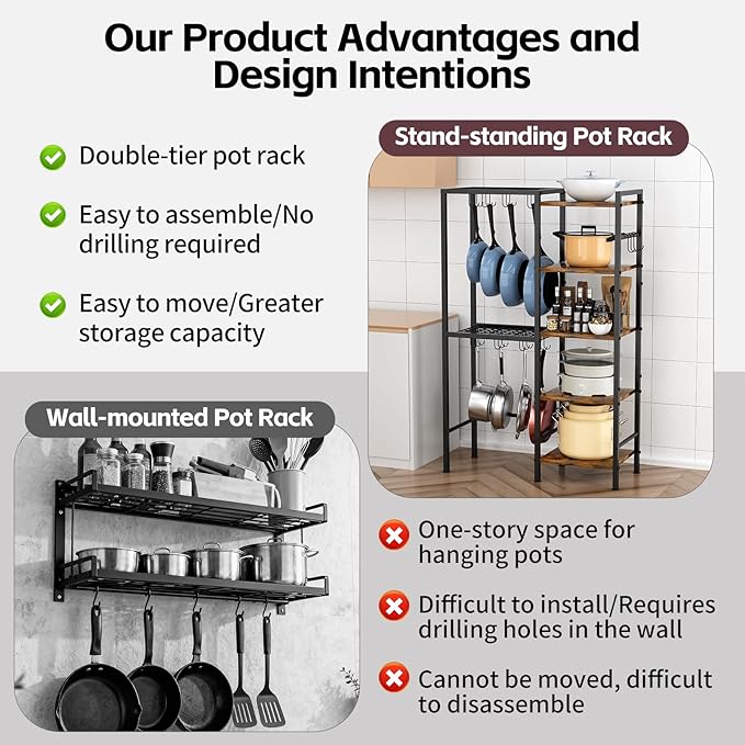 5-Tier Pot and Pan Organizer Rack with Hooks, Heavy-Duty Kitchen Storage Shelf for Cookware, Dishes, and Utensils, Freestanding Metal Pot Rack Organizer for Kitchen, Pantry, or Dining Room
